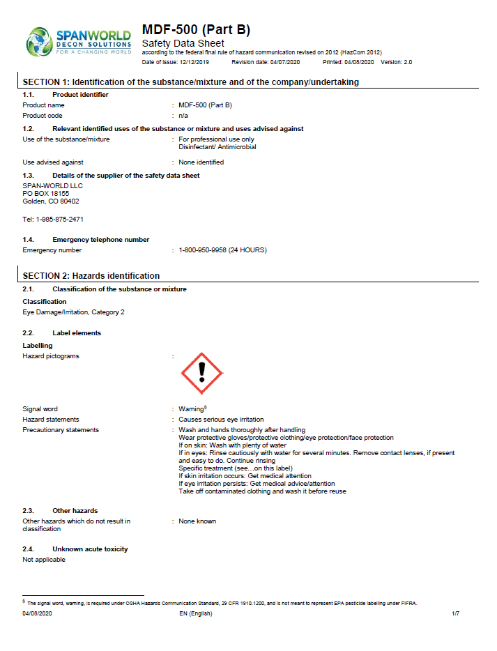 MDF 500 Safety Data Sheet B